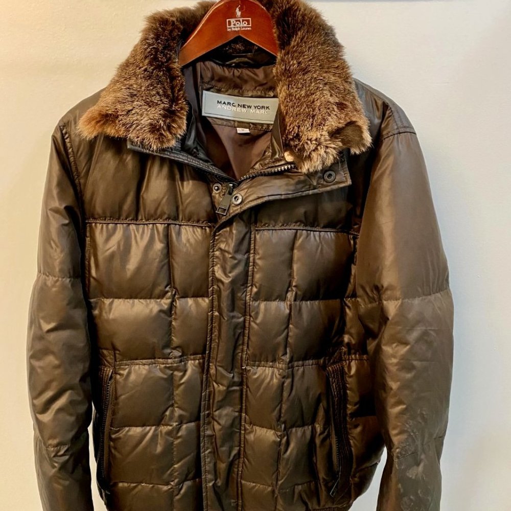 Andrew Marc Brown Puffer Jacket with Faux Fur Collar